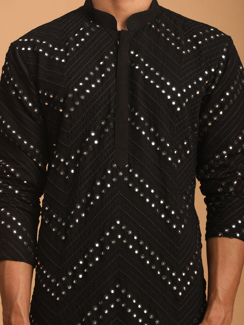 Men's Black Mirror Kurta With Patiala Set